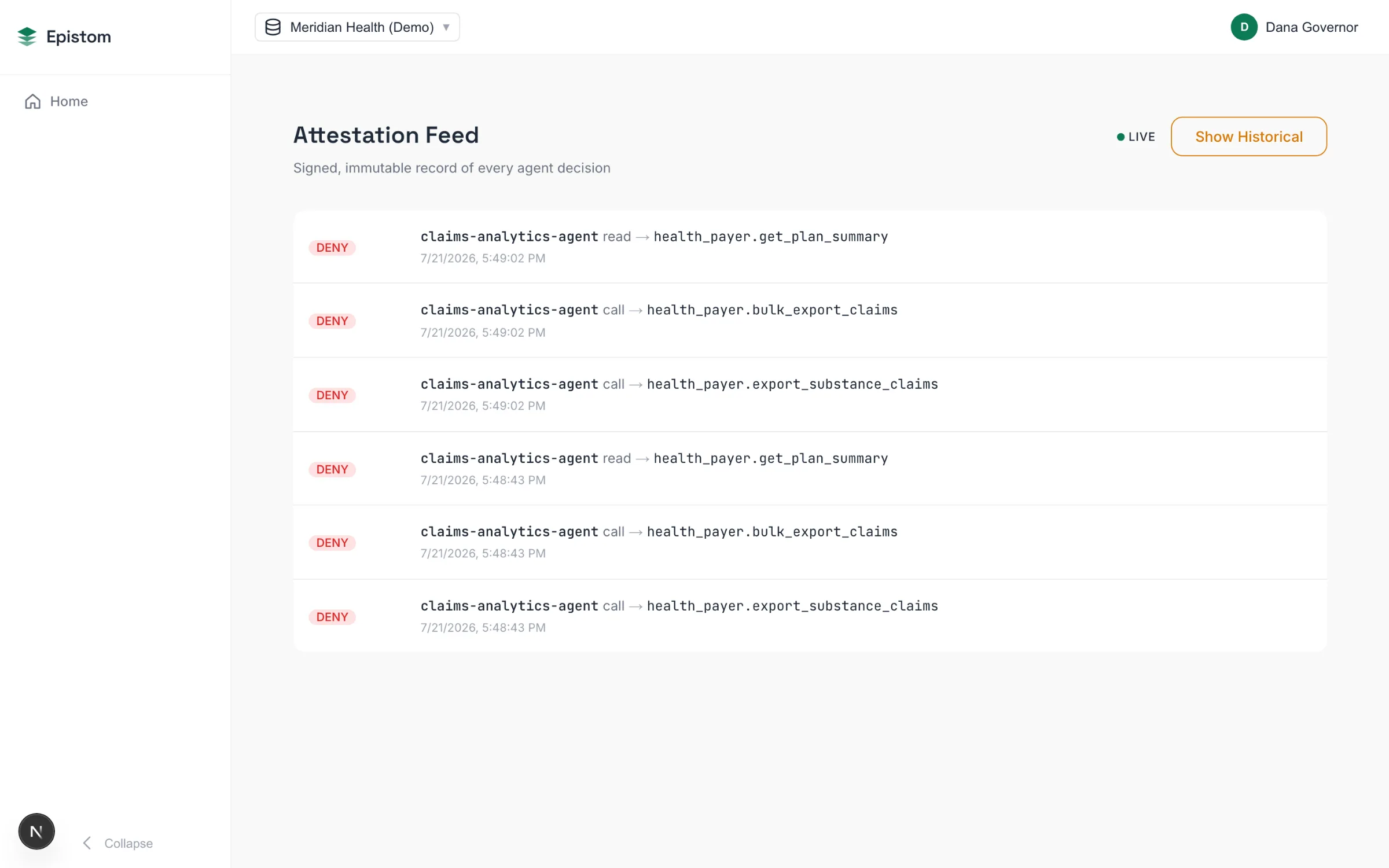 Evidence console: live attestation feed showing signed DENY decisions for a claims-analytics agent